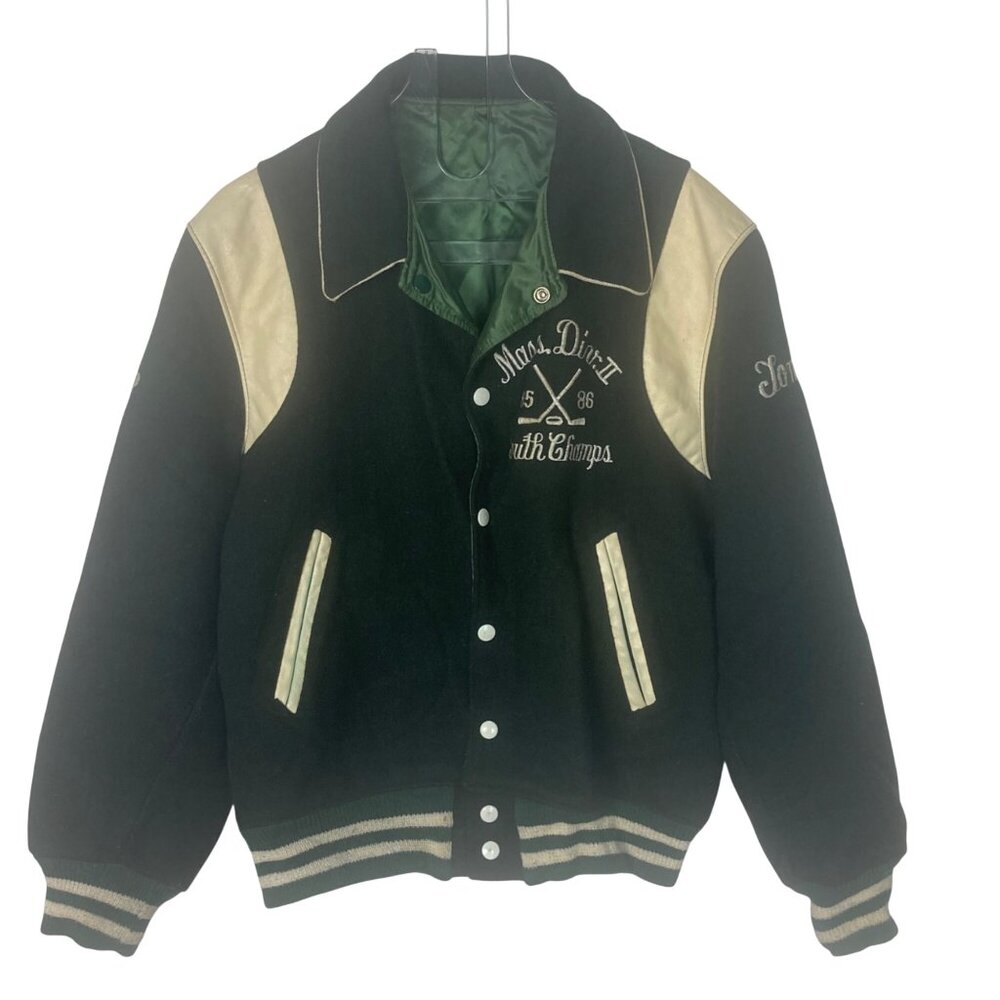 Vintage 80s Bishop Feehan Varsity Hockey Champs Jacket Green Wool Leather Large